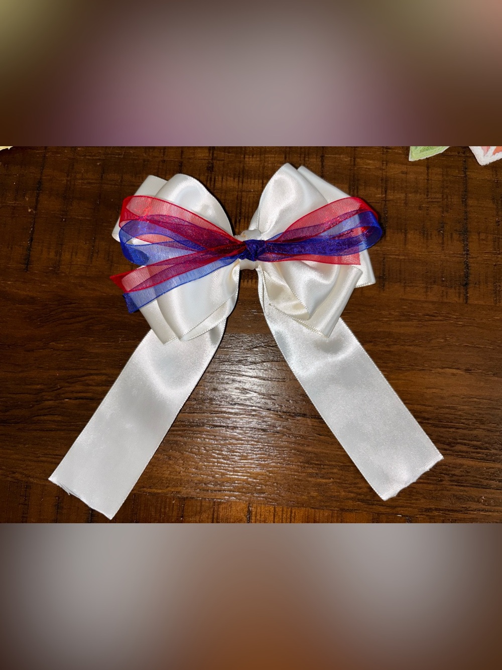 Handmade White Satin Hair Bow with Red and Blue Sheer Ribbon